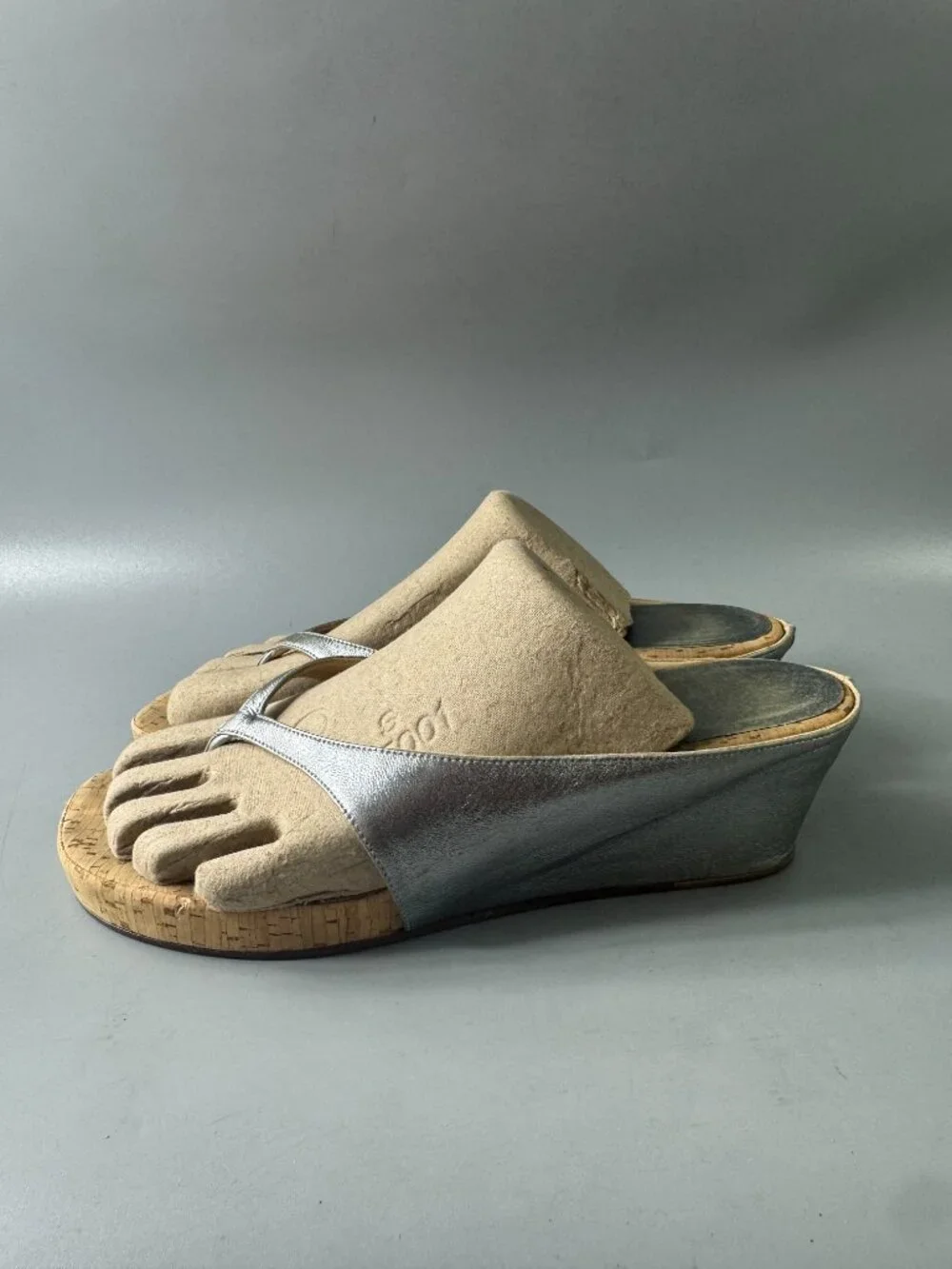 Authentic Christian Louboutin Silver Metallic Leather Cork Wedges, Size 41